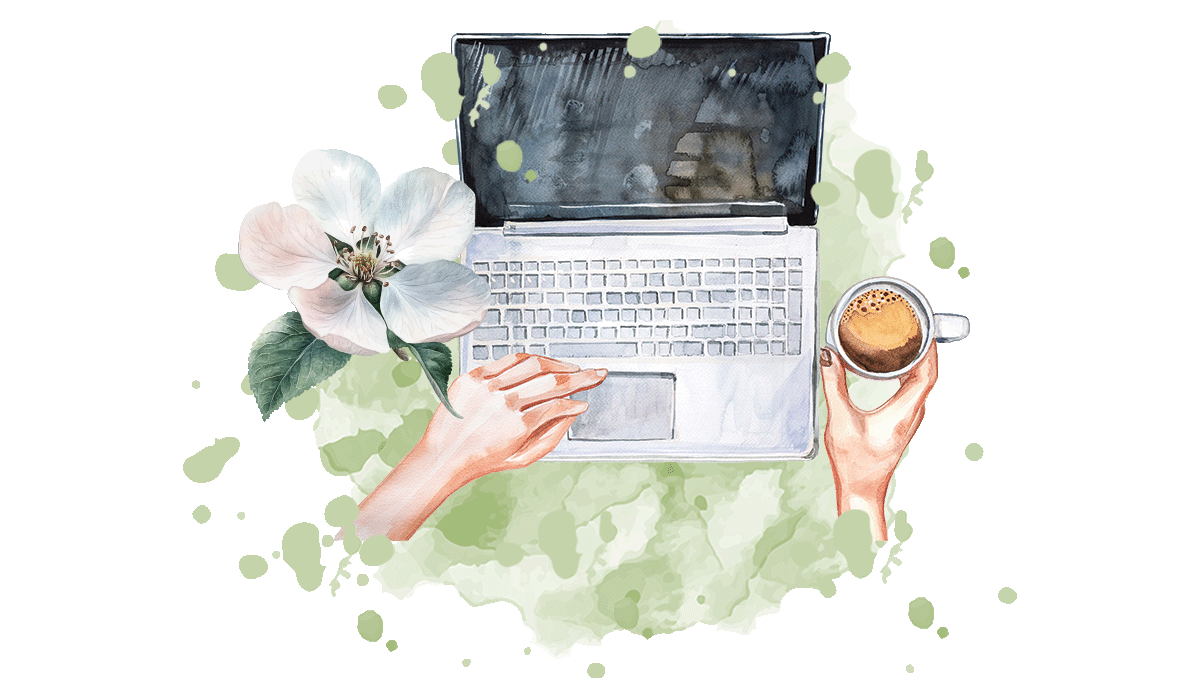 laptop with hands and coffee